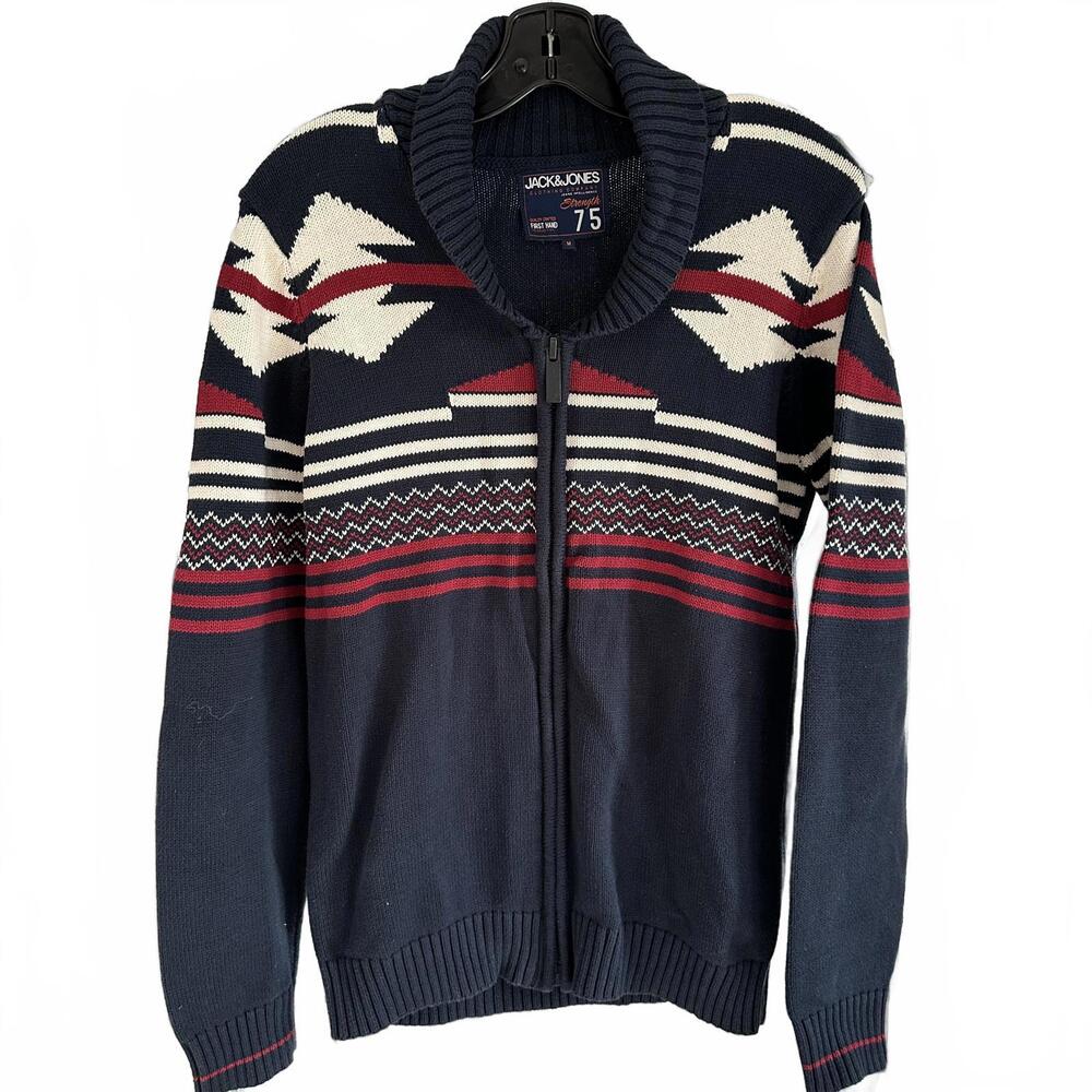 Jack & Jones Navy Texas Cardigan - 100% Cotton Zip-Up Sweater - Size Medium